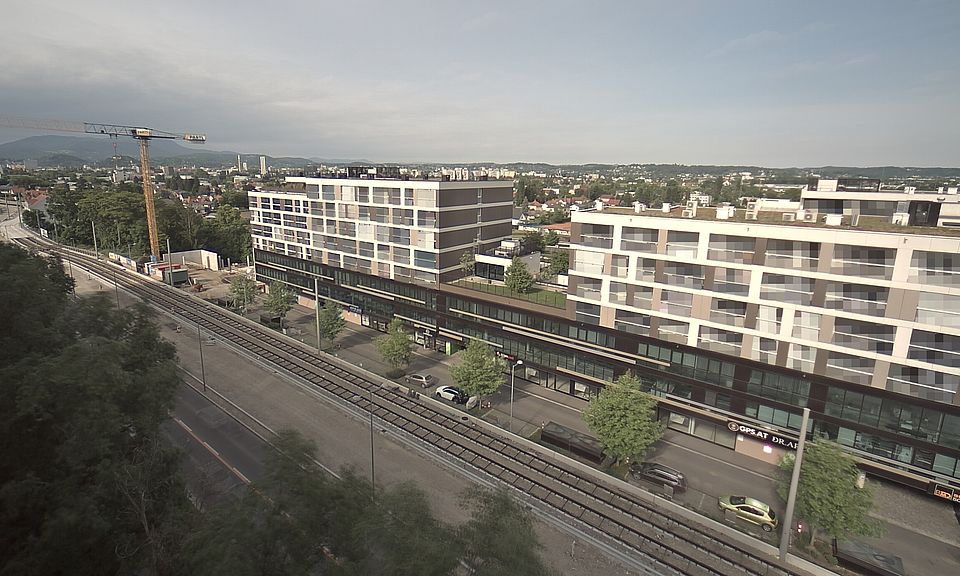 Livebild Baukamera 4 - Webcam 'Gesamtansicht Nordwest' - Baustelle Stadtteil Brauquartier, Graz-Puntigam (ca. 5 Minuteninterval)